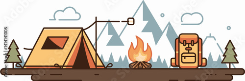 Camping adventure scene with tent and marshmallow roasting – Perfect for summer camps, outdoor activities, or hiking promotions.