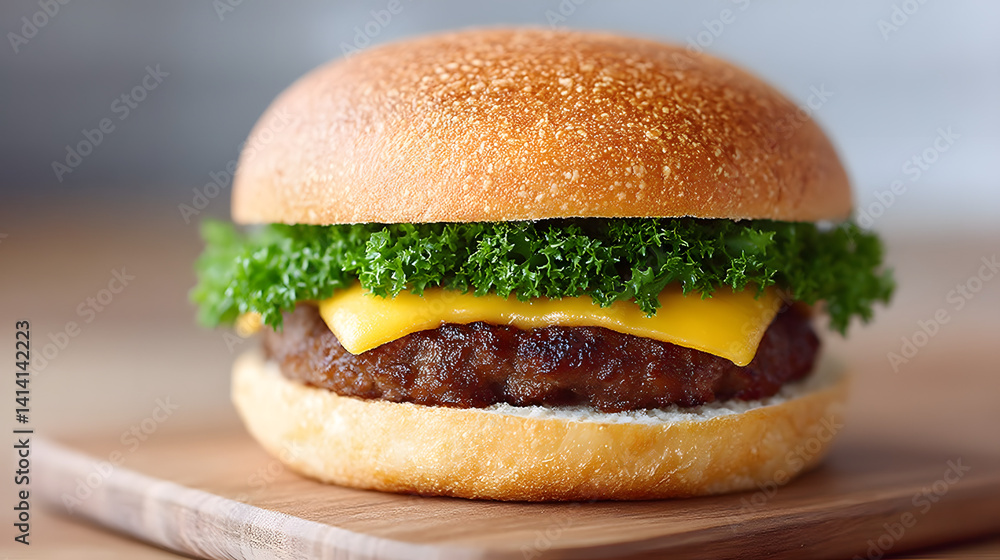 The most delectable and delicious burger you could ever imagine, with a perfectly stacked patty, fresh vegetables, and a delicious bun, set against a simple background.