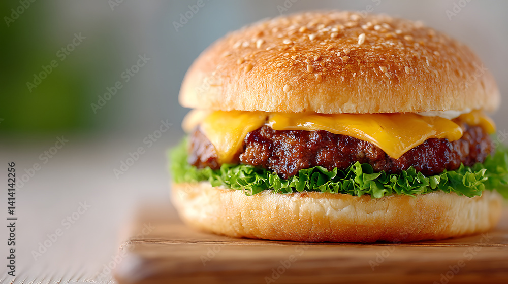 The most delectable and delicious burger you could ever imagine, with a perfectly stacked patty, fresh vegetables, and a delicious bun, set against a simple background.