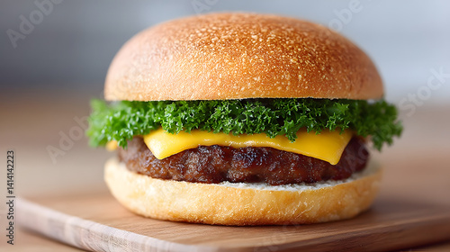 Obraz na płótnie The most delectable and delicious burger you could ever imagine, with a perfectly stacked patty, fresh vegetables, and a delicious bun, set against a simple background.
w salonie