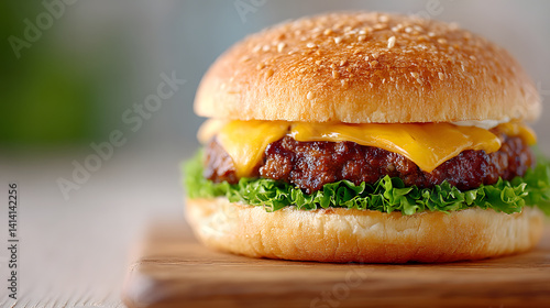 Obraz na płótnie The most delectable and delicious burger you could ever imagine, with a perfectly stacked patty, fresh vegetables, and a delicious bun, set against a simple background.
w salonie