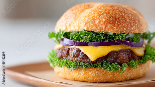 Obraz na płótnie The most delectable and delicious burger you could ever imagine, with a perfectly stacked patty, fresh vegetables, and a delicious bun, set against a simple background.
w salonie