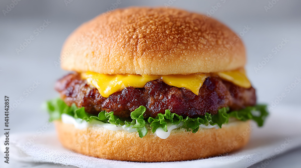 The most delectable and delicious burger you could ever imagine, with a perfectly stacked patty, fresh vegetables, and a delicious bun, set against a simple background.