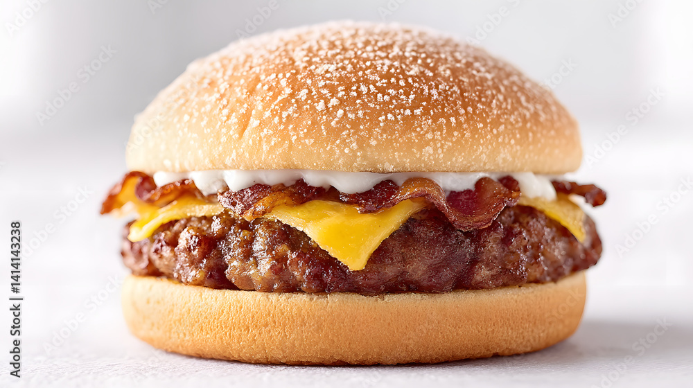 The most delectable and delicious burger you could ever imagine, with a perfectly stacked patty, fresh vegetables, and a delicious bun, set against a simple background.