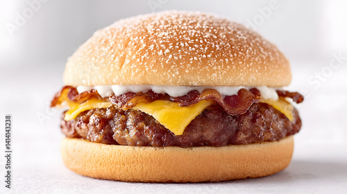 Obraz na płótnie The most delectable and delicious burger you could ever imagine, with a perfectly stacked patty, fresh vegetables, and a delicious bun, set against a simple background.
w salonie