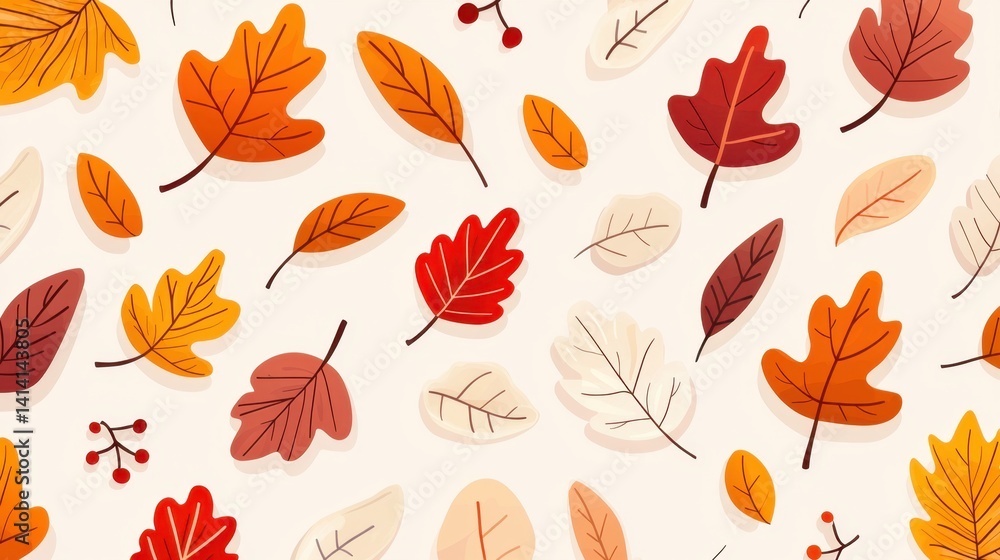 Autumn seamless pattern with colorful fall leaves, warm tones of orange, red, and yellow on a soft beige background, elegant and seasonal Autumn seamless pattern with colorful fall leaves, warm tones of orange, red, and yellow on a soft beige background, elegant and seasonal