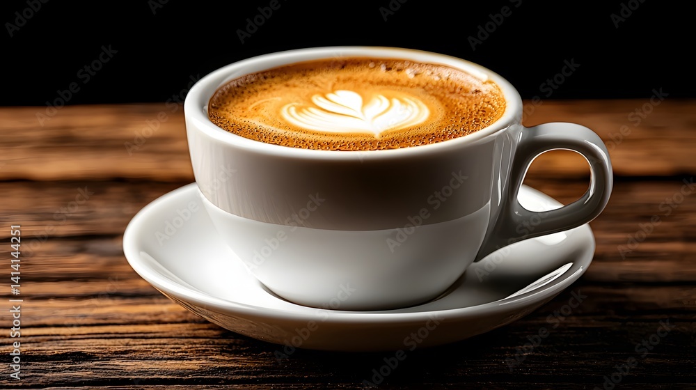 Latte Art Coffee in White Cup on Rustic Wooden Table Latte Art Coffee in White Cup on Rustic Wooden Table