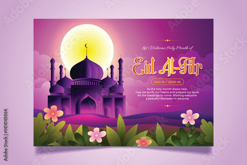 Islamic holiday Greeting card, suitable for Ramadan, Eid Al-Fitr, Eid al Adha and Mawlid with cartoon mosque
