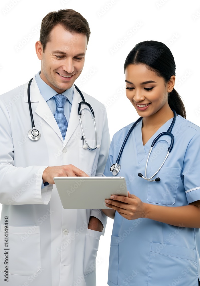 Medical Professionals Discussing Patient Data Using a Digital Tablet Device