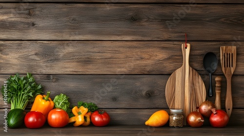 Rustic Kitchen Still Life with Colorful Vegetables and Utensils