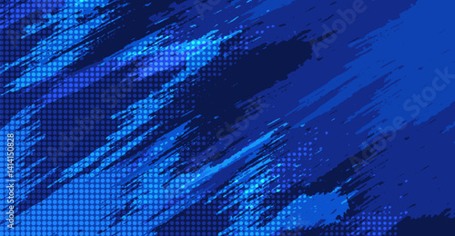 Dynamic Blue Grunge Vector Background with Halftone Dots and Brush Strokes for Digital Design and Creative Projects, a modern and captivating blue backdrop