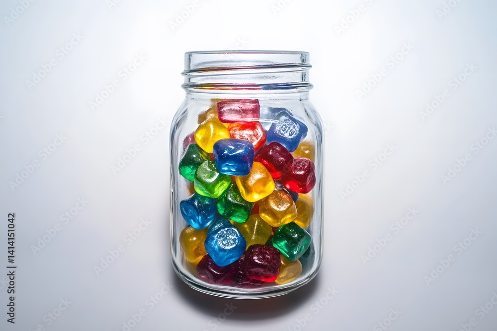 Medium shot transparent mason jar brimming with assorted colorful candy pieces on clean white background, captured in studio light to showcase texture, sweetness and playful sugary appeal