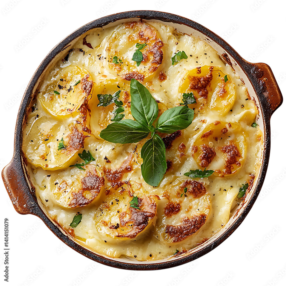 Baked tartiflette dish with sliced potatoes melted cheese crispy bacon herbs and creamy sauce served hot in round ceramic dish on a transparent background
