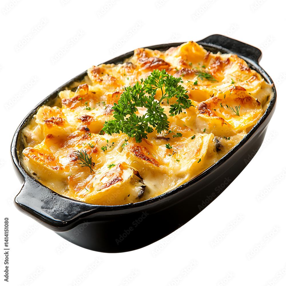 Baked tartiflette dish with sliced potatoes melted cheese crispy bacon herbs and creamy sauce served hot in round ceramic dish on a transparent background