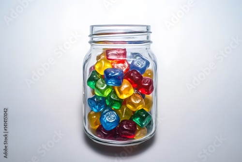 Obraz na płótnie Medium shot transparent mason jar brimming with assorted colorful candy pieces on clean white background, captured in studio light to showcase texture, sweetness and playful sugary appeal w salonie