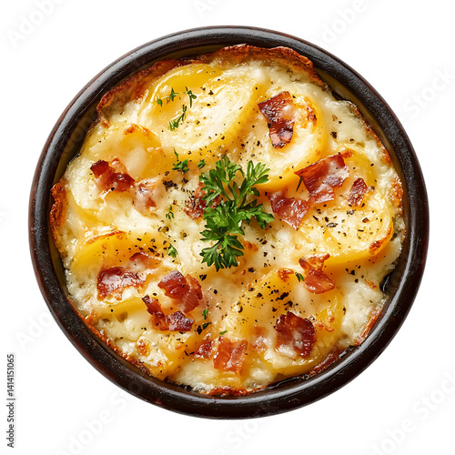 Obraz na płótnie Baked tartiflette dish with sliced potatoes melted cheese crispy bacon herbs and creamy sauce served hot in round ceramic dish on a transparent background w salonie