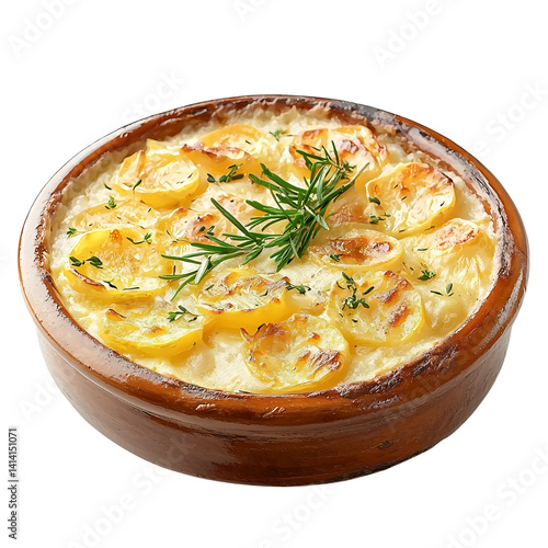 Obraz na płótnie Baked tartiflette dish with sliced potatoes melted cheese crispy bacon herbs and creamy sauce served hot in round ceramic dish on a transparent background w salonie