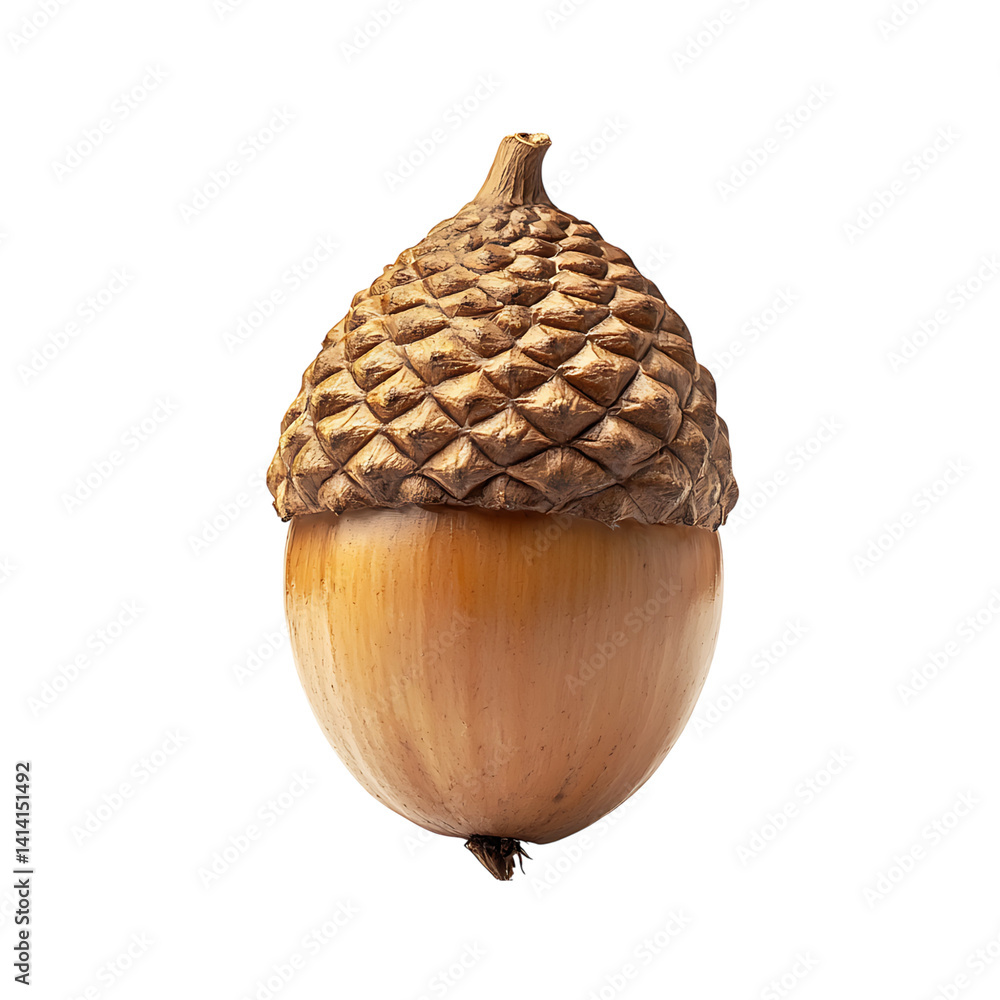 Natural brown acorn with textured rough cap and smooth body shown close up in high detail at an angled view on a transparent background