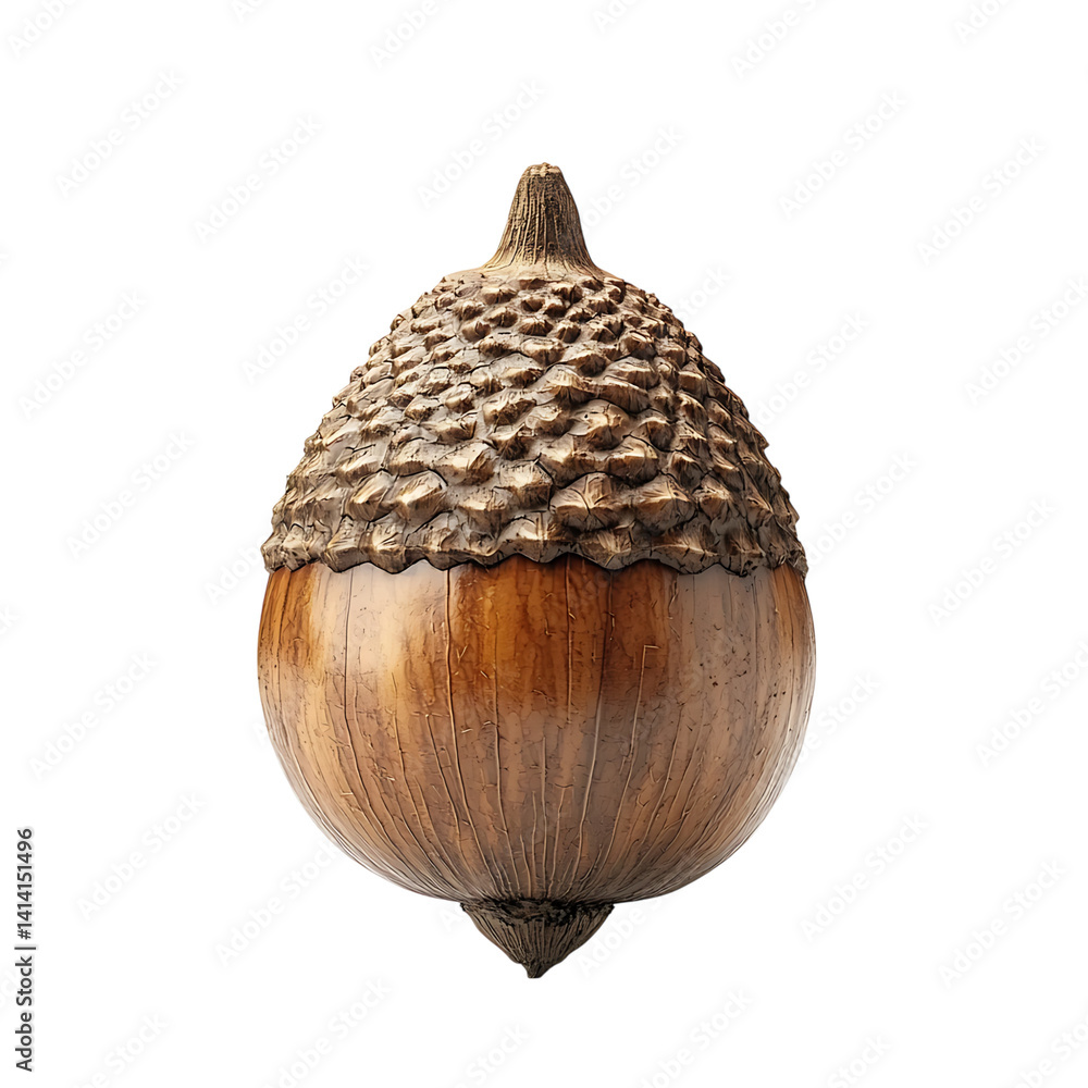 Natural brown acorn with textured rough cap and smooth body shown close up in high detail at an angled view on a transparent background