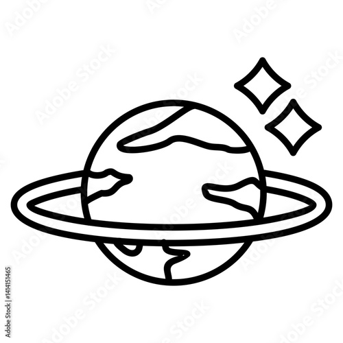 Ringed planet icon. Simple outline of a planet with prominent rings and shining elements, possibly Saturn or Uranus.