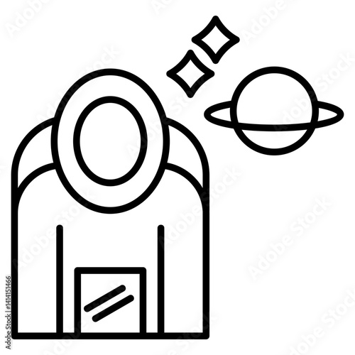 Dreaming astronaut icon. Spacewalker looking at a ringed planet with shining elements, representing space fantasy or aspiration.