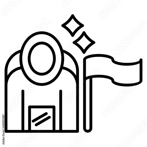 Astronaut planting a flag icon. Spacewalker with a flag and shining elements, representing space exploration success.