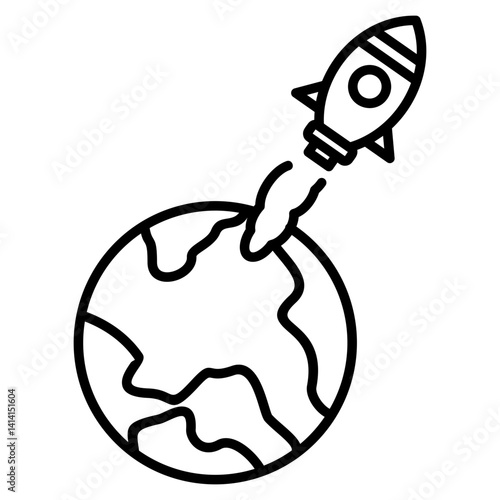 Rocket launching from Earth icon. Simple outline of a spaceship taking off from the planet, representing space travel or startup.