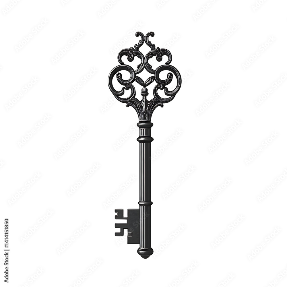 Ornate black and gold antique key with vintage filigree design and vertical shaft showing decorative handle and aged texture on a transparent background