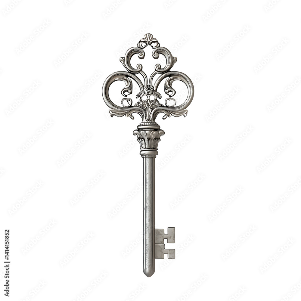 Ornate black and gold antique key with vintage filigree design and vertical shaft showing decorative handle and aged texture on a transparent background