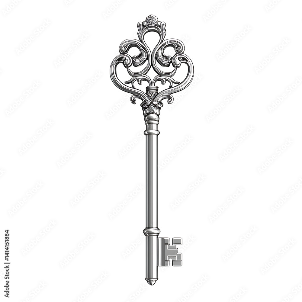 Ornate black and gold antique key with vintage filigree design and vertical shaft showing decorative handle and aged texture on a transparent background