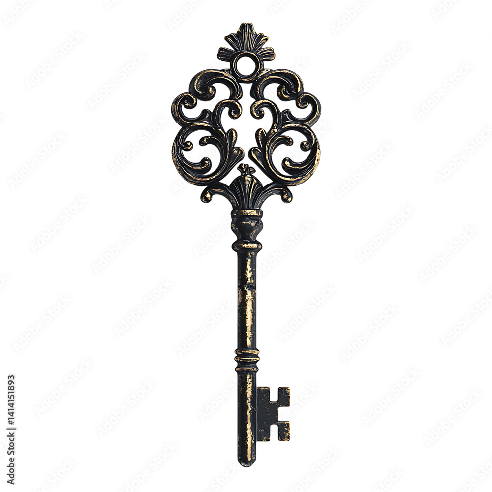 Ornate black and gold antique key with vintage filigree design and vertical shaft showing decorative handle and aged texture on a transparent background
