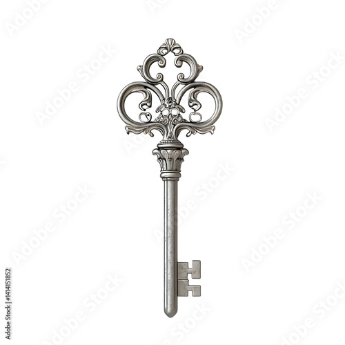 Obraz na płótnie Ornate black and gold antique key with vintage filigree design and vertical shaft showing decorative handle and aged texture on a transparent background w salonie
