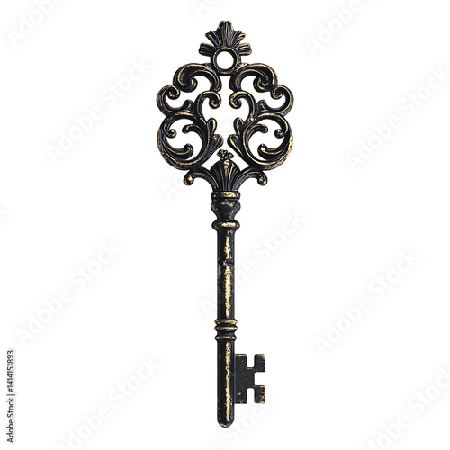 Ornate black and gold antique key with vintage filigree design and vertical shaft showing decorative handle and aged texture on a transparent background