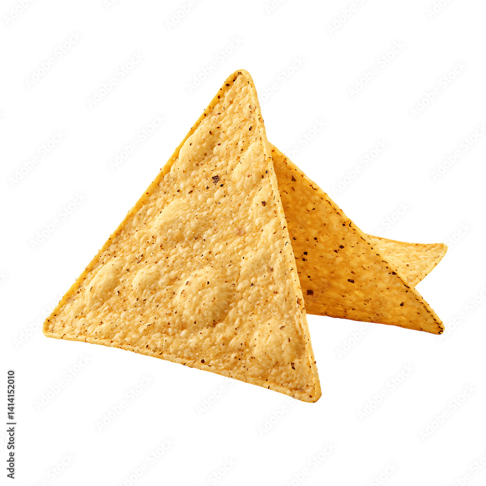 Group of three golden yellow triangle tortilla chips with visible texture and speckled surface lightly seasoned and stacked on a transparent background