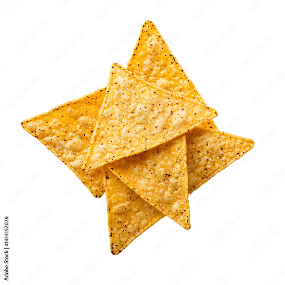 Group of three golden yellow triangle tortilla chips with visible texture and speckled surface lightly seasoned and stacked on a transparent background