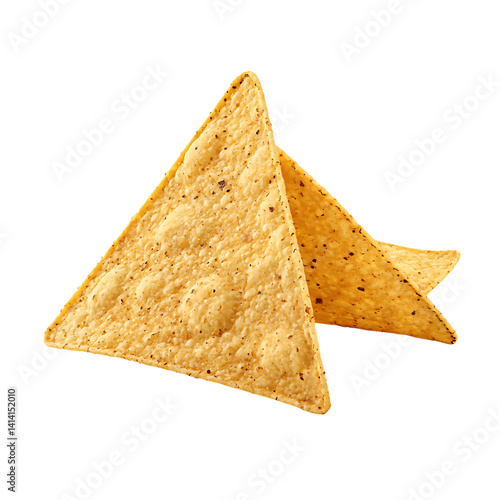 Obraz na płótnie Group of three golden yellow triangle tortilla chips with visible texture and speckled surface lightly seasoned and stacked on a transparent background w salonie