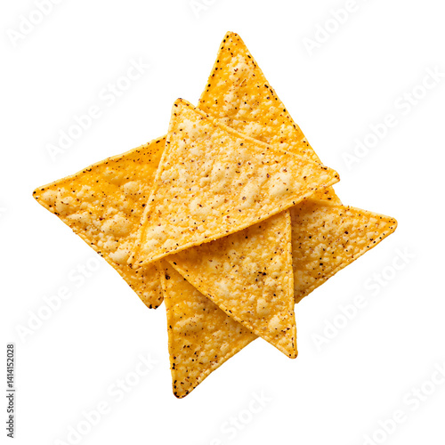 Obraz na płótnie Group of three golden yellow triangle tortilla chips with visible texture and speckled surface lightly seasoned and stacked on a transparent background w salonie