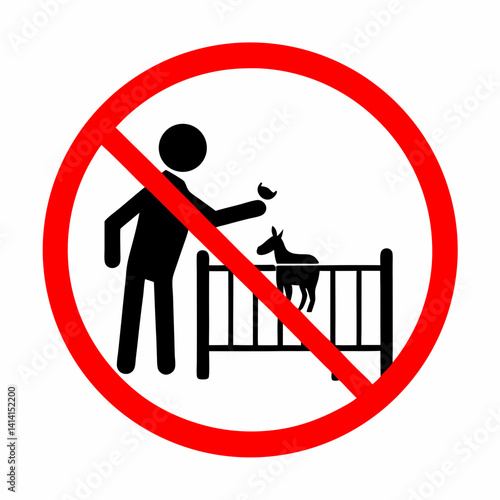 Sign prohibiting feeding animals in a pen, showing a person feeding a horse over a barrier