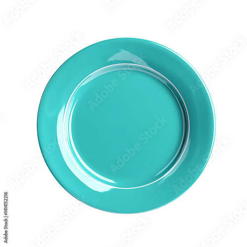 Turquoise blue ceramic plate with shiny smooth surface and round clean design seen clearly from overhead angle on a transparent background