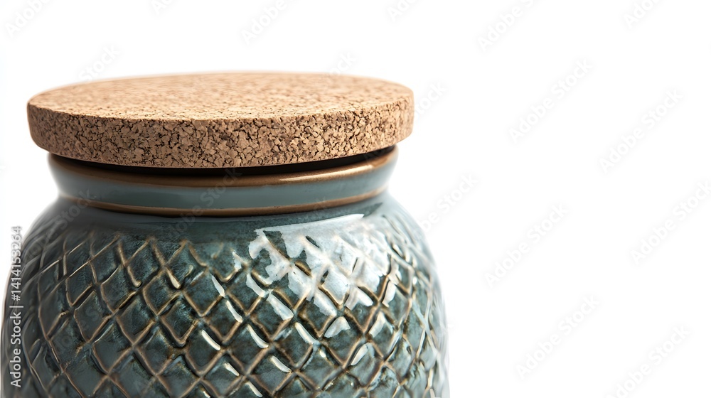 Close-up of handcrafted ceramic jar with detailed embossed patterns and natural cork lid, captured in minimalist studio setting on white background for home decor or pottery design themes.