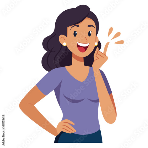 happy woman tells secret by putting palm to mouth