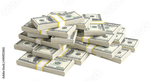 Stack of new one hundred us dollar banknotes on a transparent background, creating a small mountain of money
