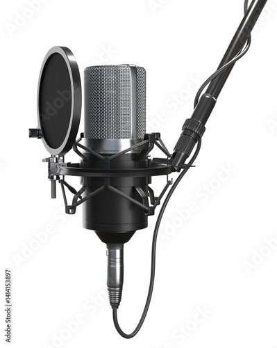 Studio microphone setup with pop filter and cables on a transparent background