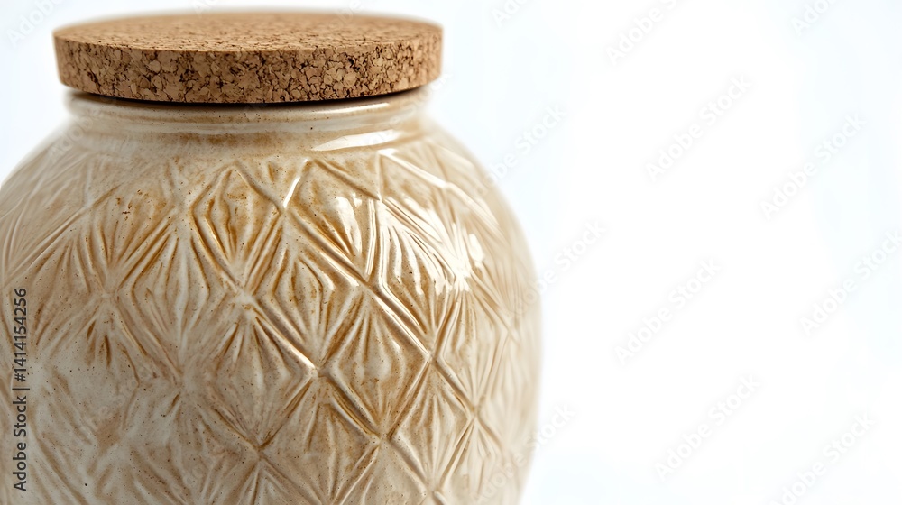 Close-up of handcrafted ceramic jar with detailed embossed patterns and natural cork lid, captured in minimalist studio setting on white background for home decor or pottery design themes.