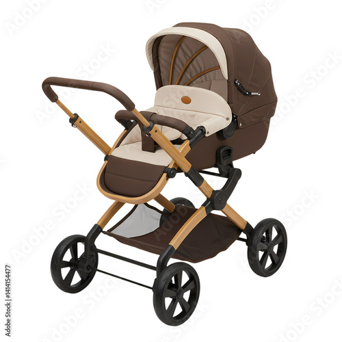 Baby Stroller: Brown & Beige Pram on Transparent  background