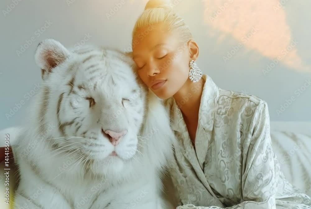 Model posing with white tiger on sofa Model posing with white tiger on sofa