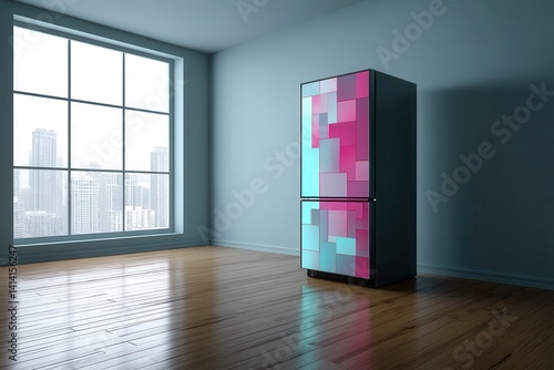 Distorted Fridge in Bright Room A modern refrigerator with half of its structure glitching, revealing a surreal geometric digital pattern