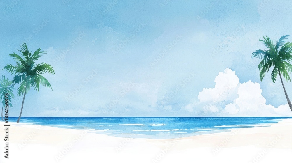 Obraz premium Hand-painted watercolor tropical beach scene with palm trees and soft blue ocean waves, tranquil paradise illustration