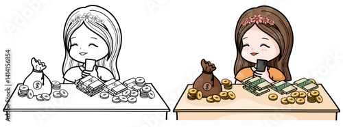 Vector illustration of women and money for International Women's Day coloring.