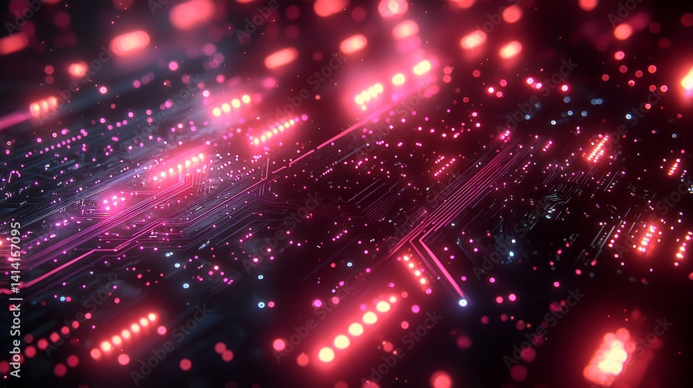 Abstract glowing circuit board with red and pink lights. Abstract glowing circuit board with red and pink lights.